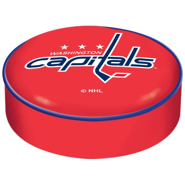 A red Washington Capitals vinyl bar stool seat cover with blue text and a hockey puck design.