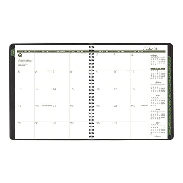 A black At-A-Glance recycled monthly planner with green and white calendar pages and numbers.