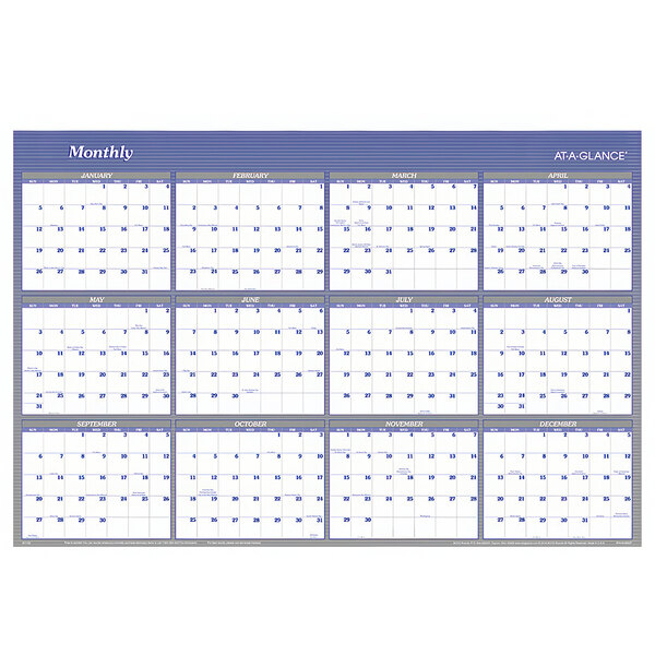 An At-A-Glance wall planner with a blue border and white lines with blue text.