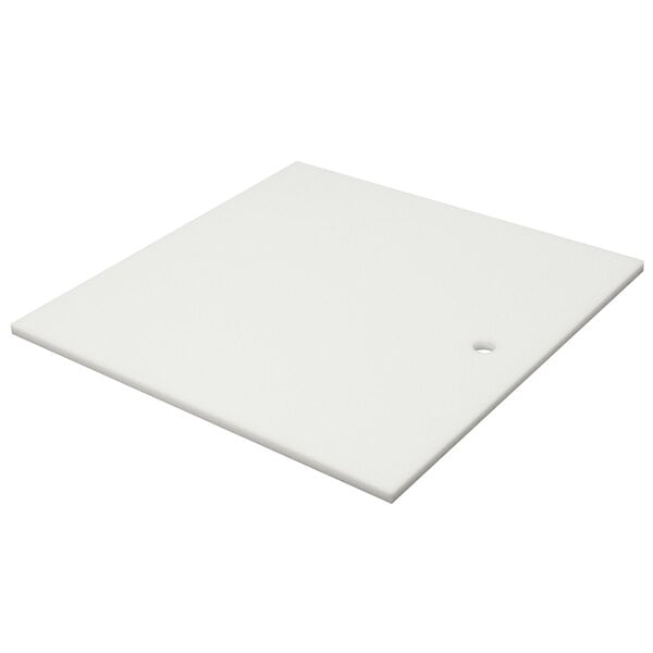 A white square Poly-Vance cutting board with a hole in the corner.