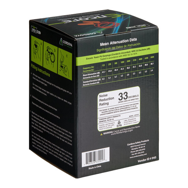 A box of Cordova corded earplug pairs containing 100 pairs.