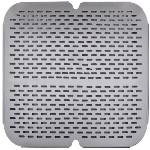 An Advance Tabco strainer plate with a gray mesh surface and a metal square frame.