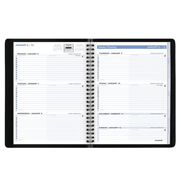 A spiral bound black At-A-Glance weekly action planner with a calendar on the cover.