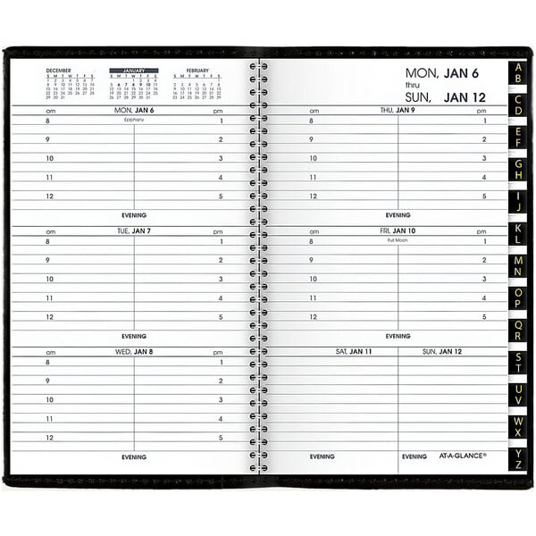 A black At-A-Glance compact spiral-bound weekly appointment book open to a January 2025 calendar page.