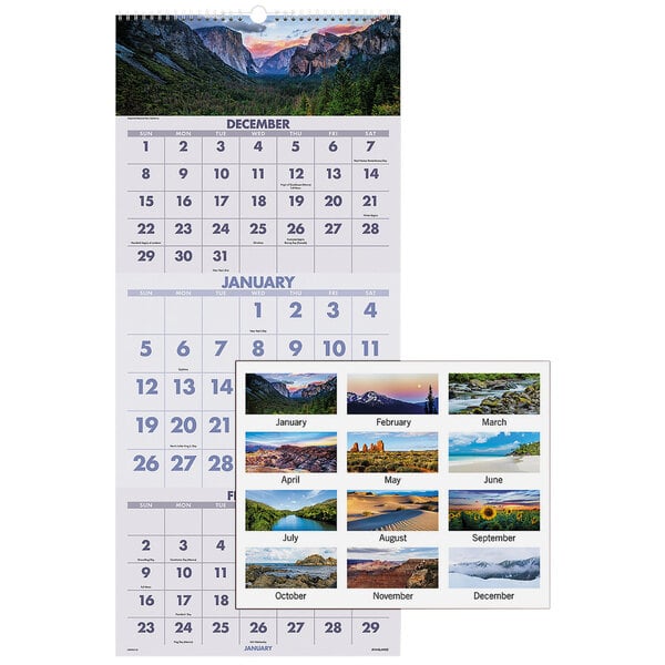 An At-A-Glance wirebound wall calendar with a picture of mountains and trees.