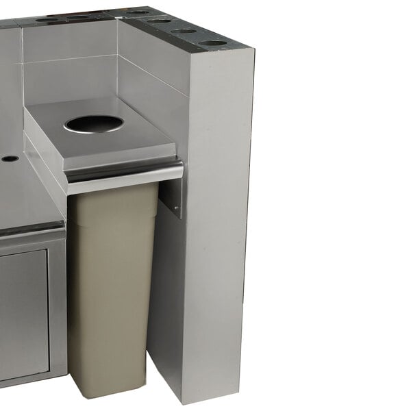 A rectangular silver metal cover for an Advance Tabco Prestige Series trash receptacle.