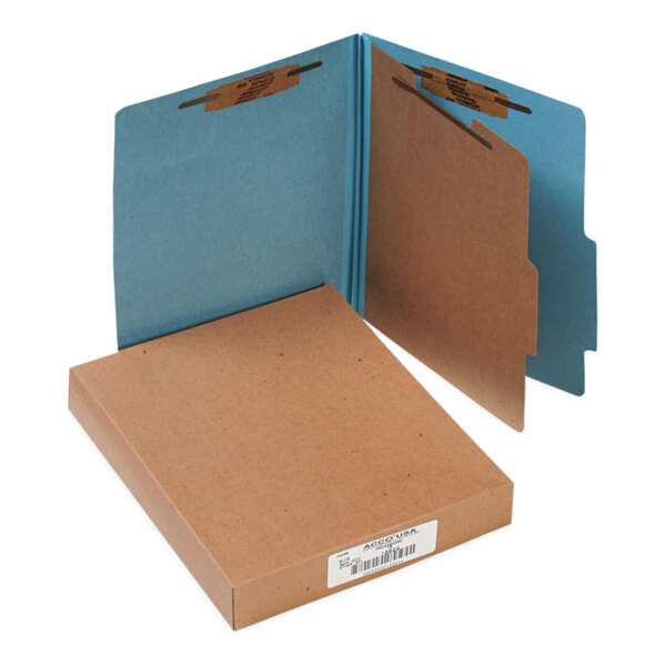 A brown box with blue Acco file folders inside.