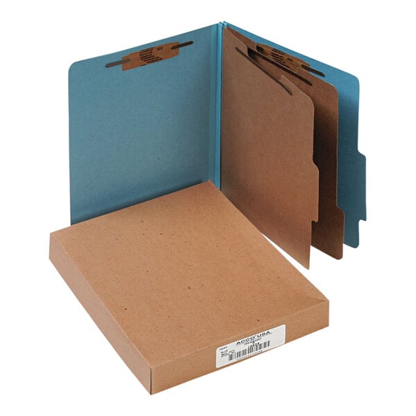 A blue Acco file folder with brown compartments.