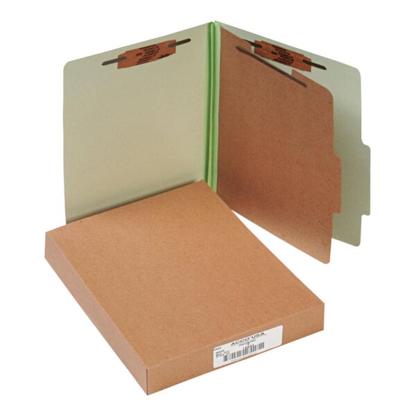 A brown Acco file folder with two green tabs.