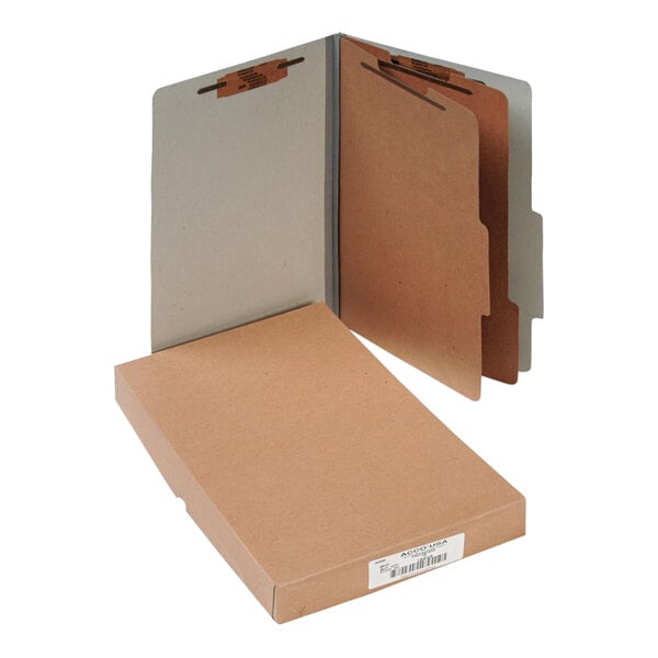 A brown box of 10 Acco legal size file folders with brown tabs.