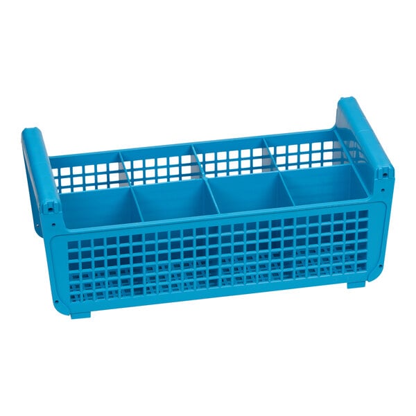 A blue plastic flatware rack with eight compartments and no handles.