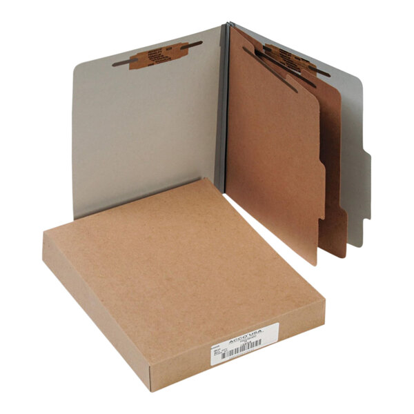 A brown Acco letter size classification folder with a tan label.