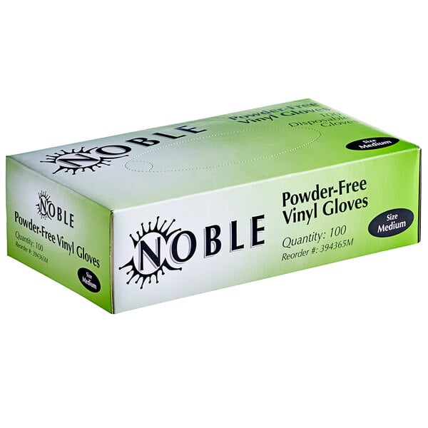 A white box of Noble vinyl gloves with black text on a counter.