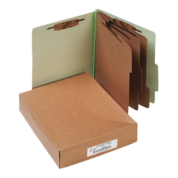 A brown Acco classification folder with dividers in a brown box.