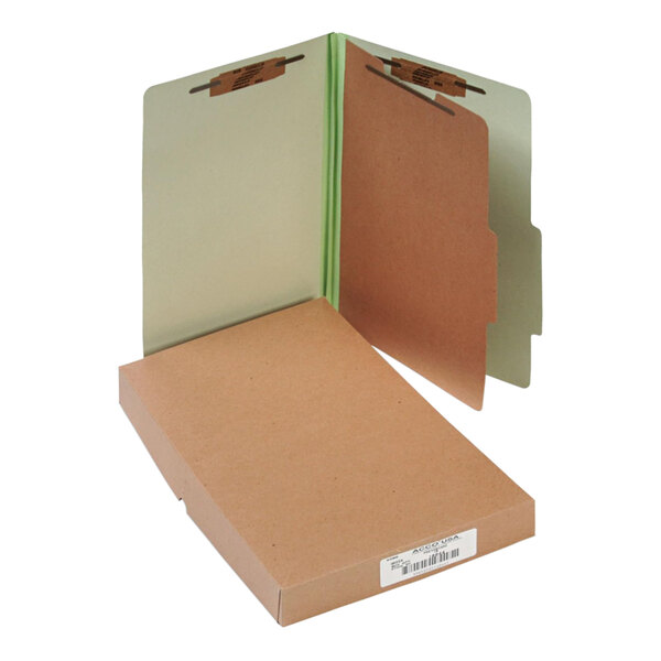 A brown Acco legal size classification folder in a brown box with a white label.