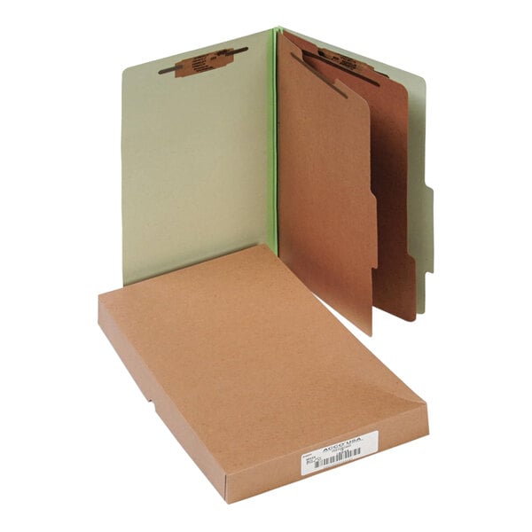 A brown Acco legal size classification folder with a green cover and white label in a brown box.