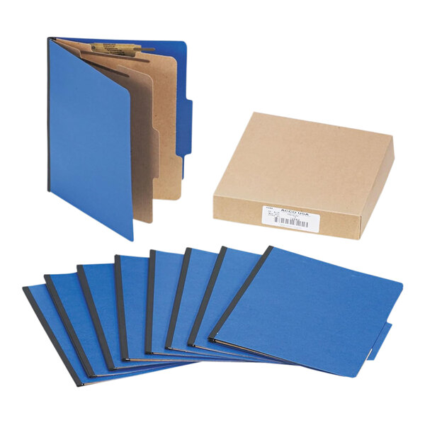 A brown box with a white label containing 10 blue Acco letter size classification folders.