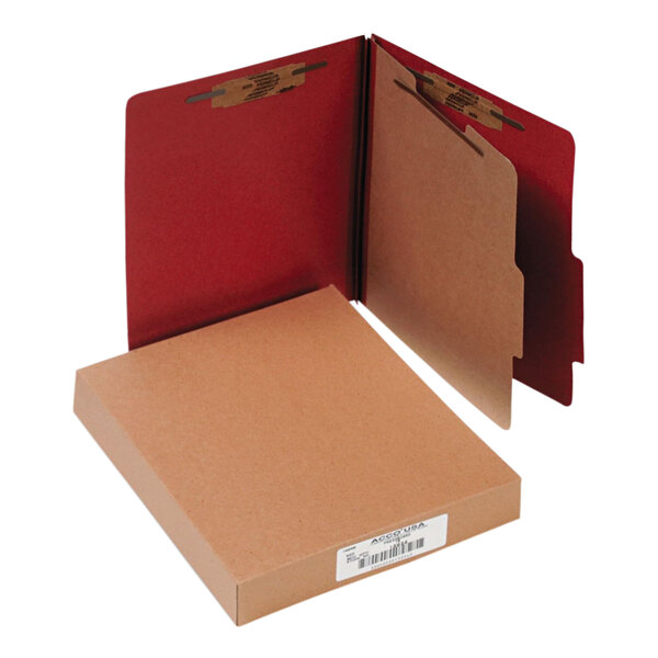 A brown file folder with a red cover and label on a red Acco Classification folder.