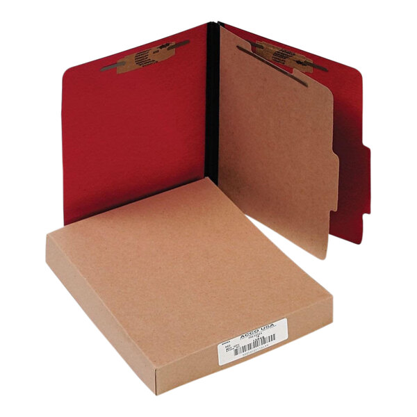 A red Acco classification folder with a red box inside.