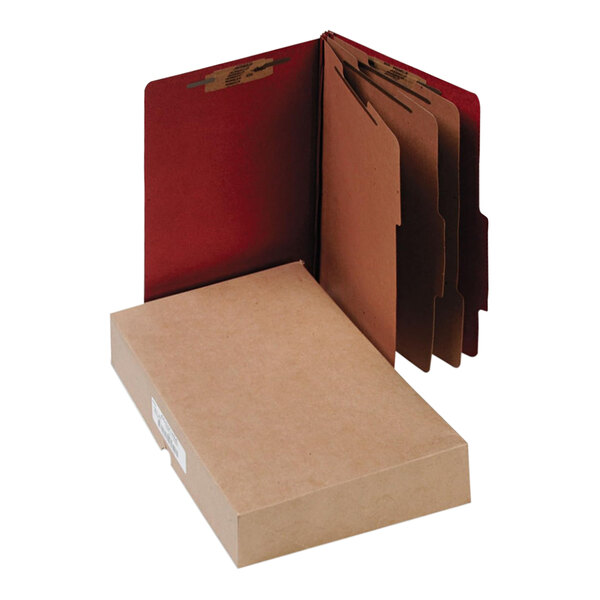 A brown Acco legal size classification folder with red dividers inside.
