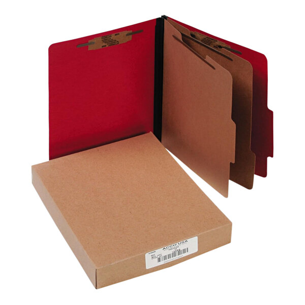 A box of Acco red letter size classification folders.