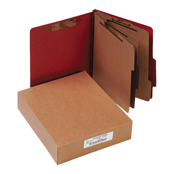 A brown Acco letter size classification folder with two red dividers.