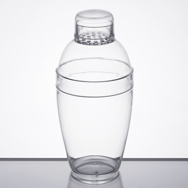 A clear plastic Fineline cocktail shaker with a lid.