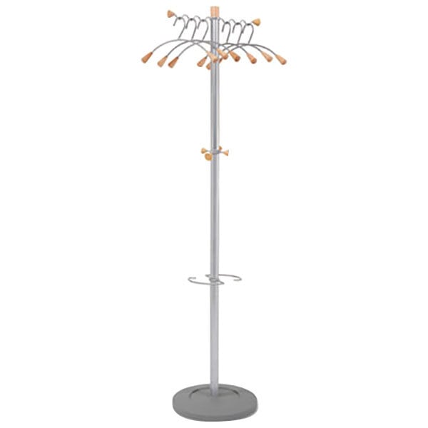 A silver metal Alba coat tree with wooden wavy accents on the top.