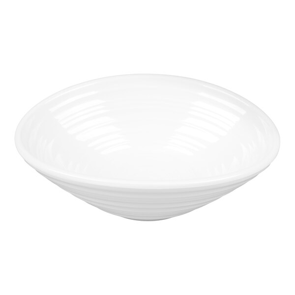 A white oblong melamine bowl with a swirl pattern.