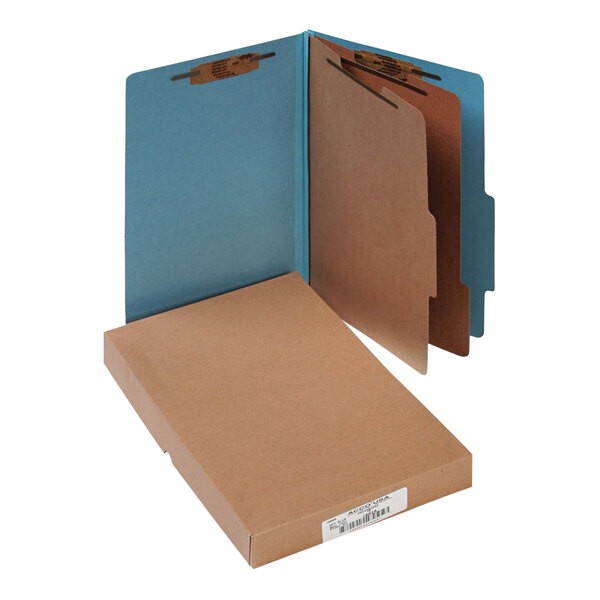 A brown box of blue Acco legal size classification folders.