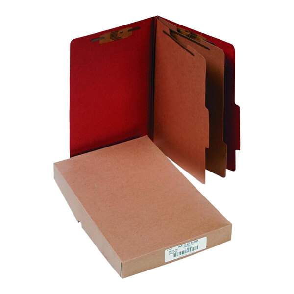 A brown box with 10 Acco red legal size classification folders inside.