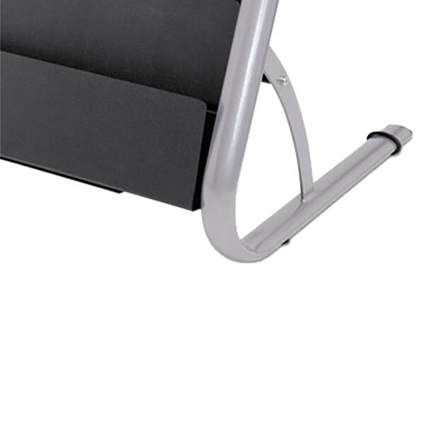 A close-up of a black and silver Alba literature display rack.