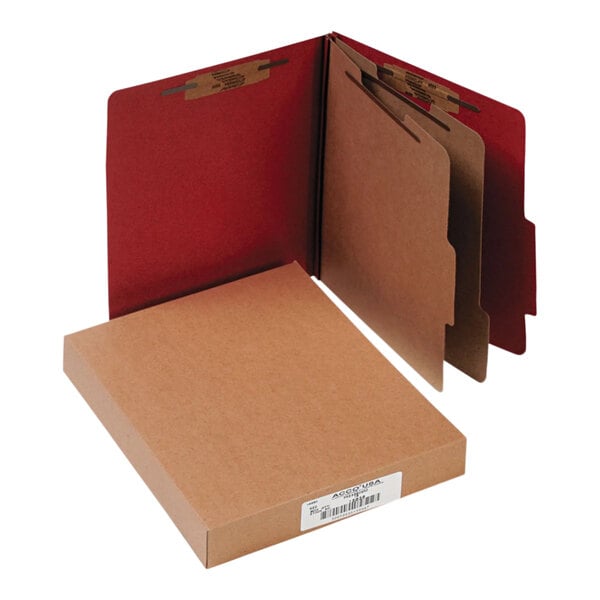 A brown Acco file folder with red covers.