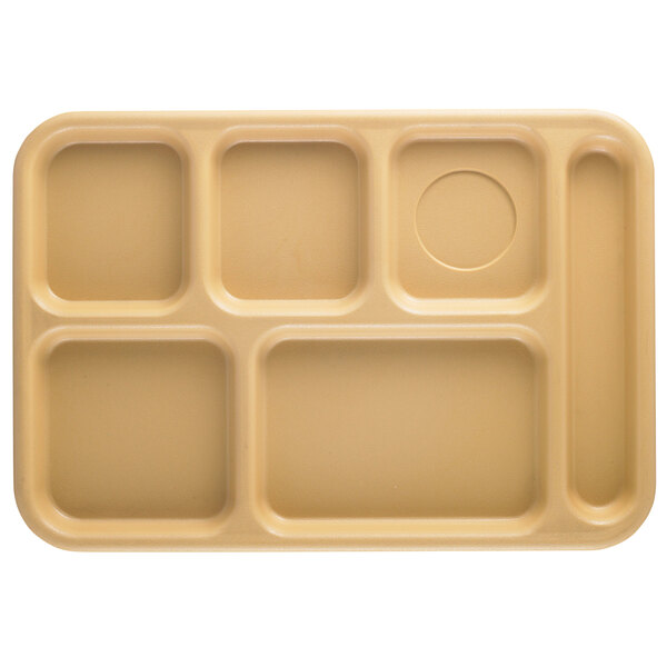 A tan rectangular tray with six square compartments.
