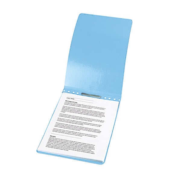 A blue Acco report cover with a piece of white paper inside.