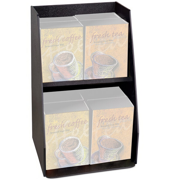 A black Bunn coffee merchandiser shelf holding boxes of coffee cups.