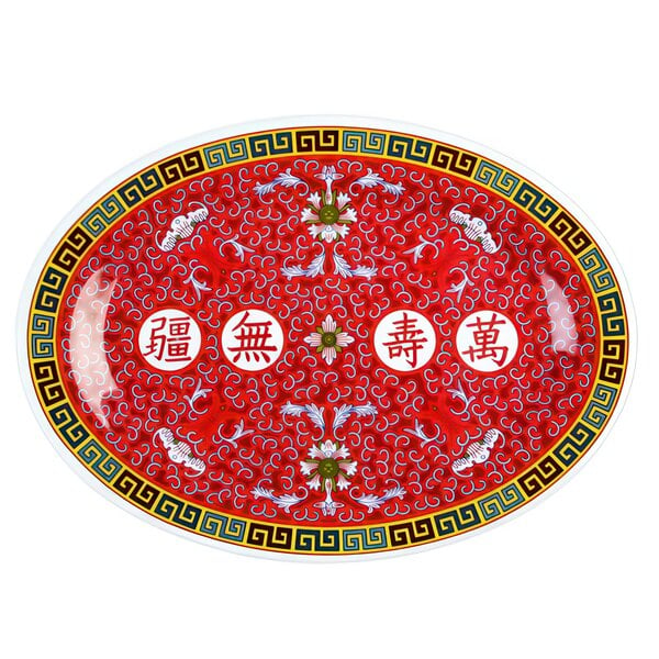 A red and white oval melamine platter with a white Chinese "Longevity" pattern.