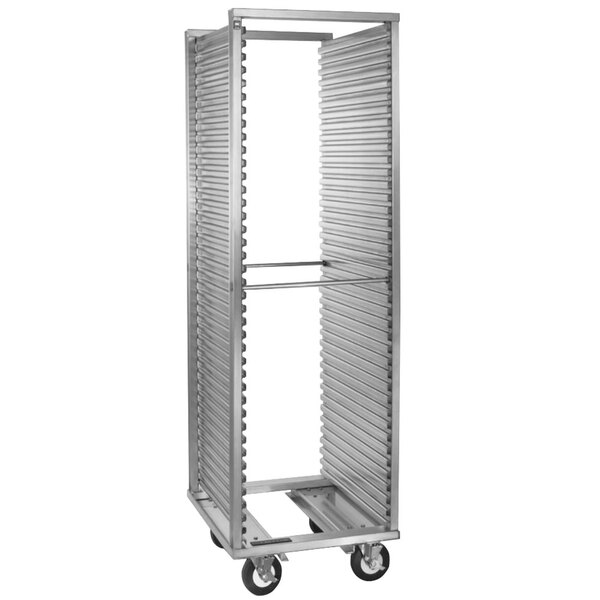 A Cres Cor aluminum sheet pan rack with wheels.