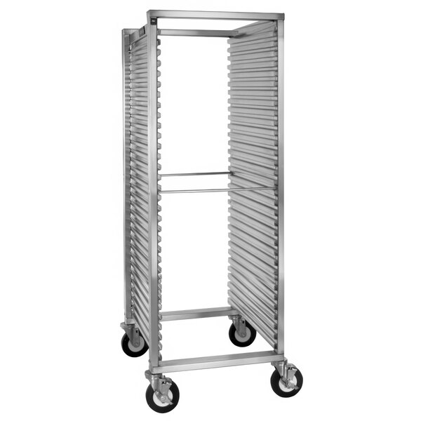 A Cres Cor aluminum sheet pan rack with wheels.