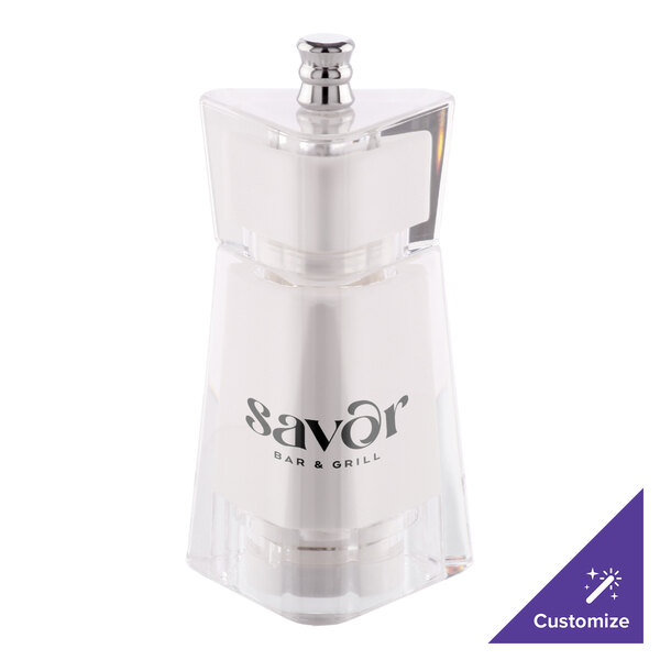 A white Chef Specialties salt / pepper mill with a silver top.