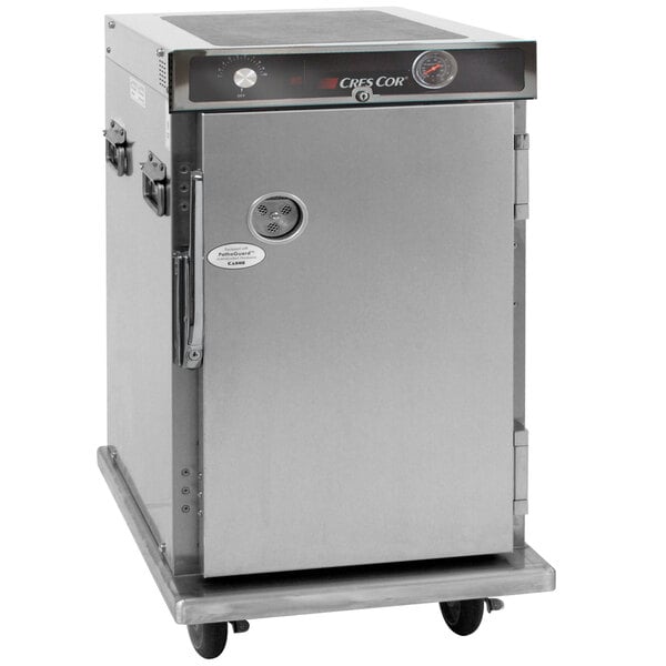 A large silver Cres Cor holding cabinet with a handle.
