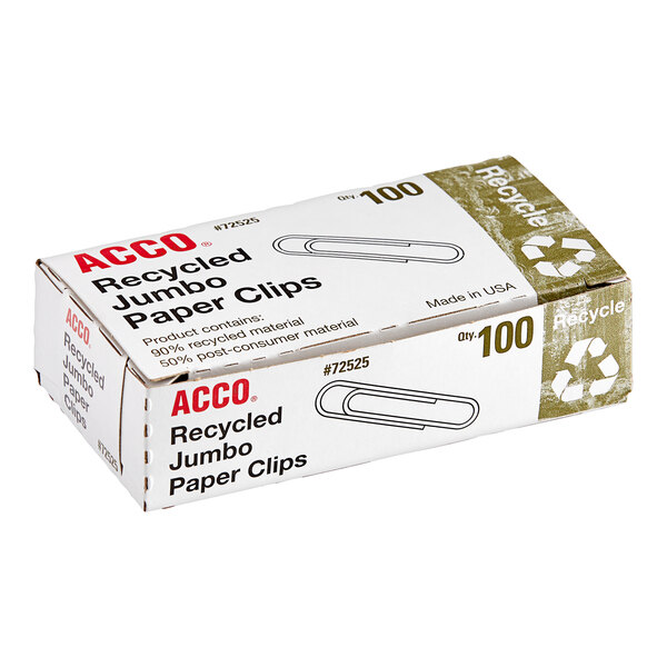 A box of Acco silver recycled paper clips.