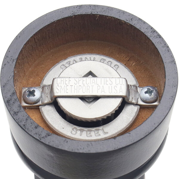 A close up of a Chef Specialties Capstan pepper mill grinder.