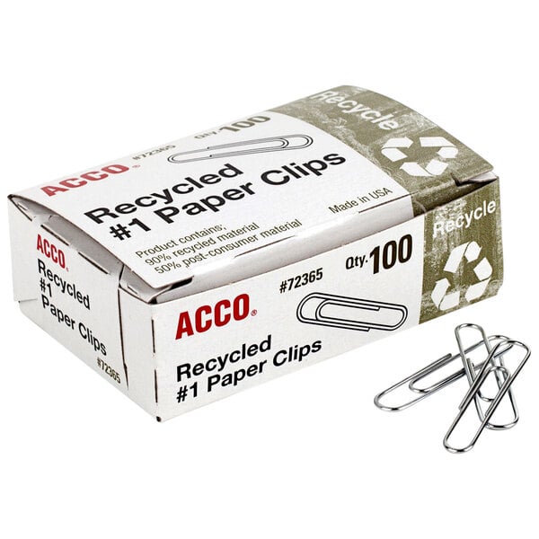 A box of 100 Acco #1 recycled paper clips with a white label.