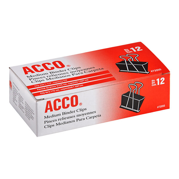 A box of Acco black medium binder clips with 12 clips inside.