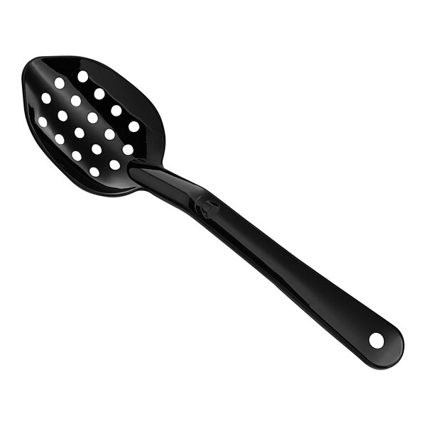 A black Carlisle polycarbonate serving spoon with holes.