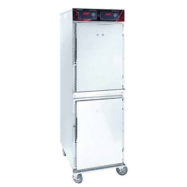 A white stainless steel Cres Cor holding cabinet with two doors.