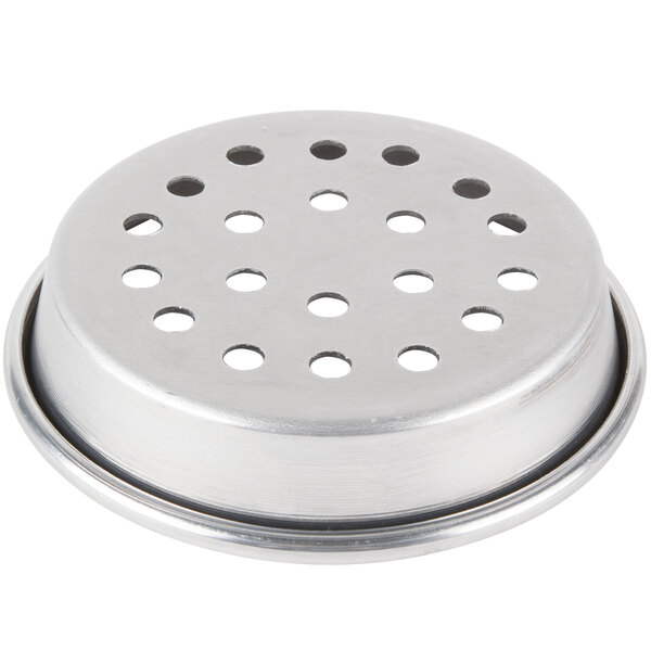 An American Metalcraft heavy weight aluminum pizza pan with perforations on the bottom.