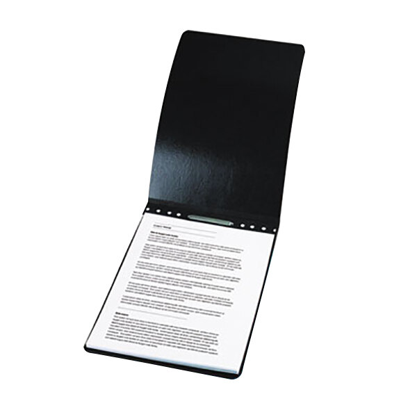An Acco black report cover with a white paper inside.