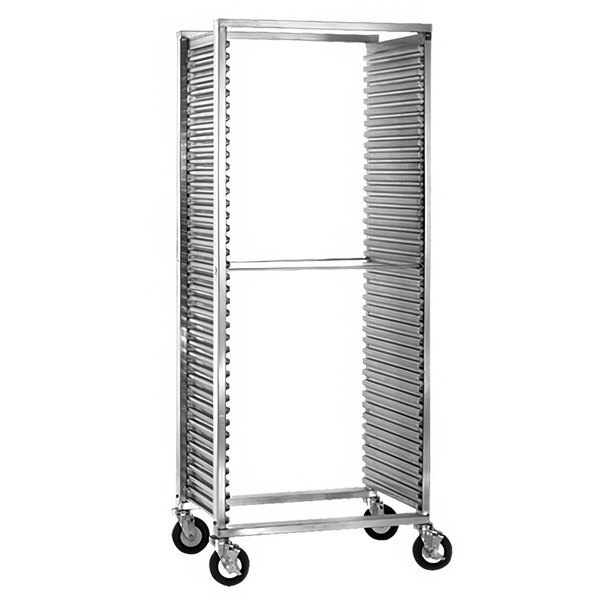 A Cres Cor aluminum sheet pan rack with wheels.